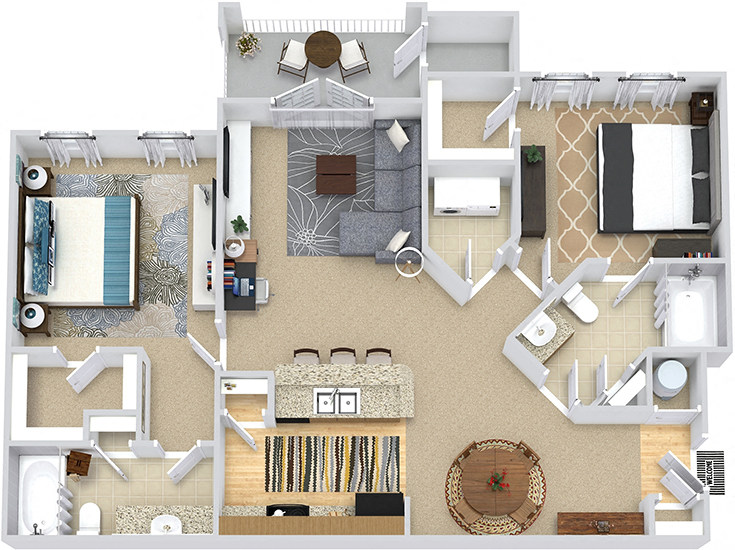 Harrison 3D. 2 bedroom apartment. Kitchen with bartop open to living/dinning rooms. 2 full bathroom. Walk-in closets. Patio/balcony.